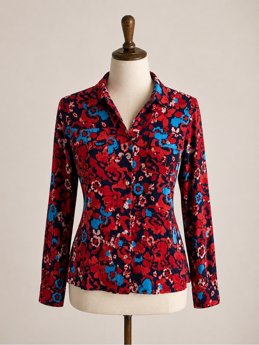 Jones New York Red Floral Button-Down Shirt with Blue Accents